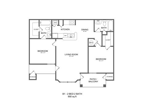 Floor plan for 2 beds, 2 baths, 900 sqft